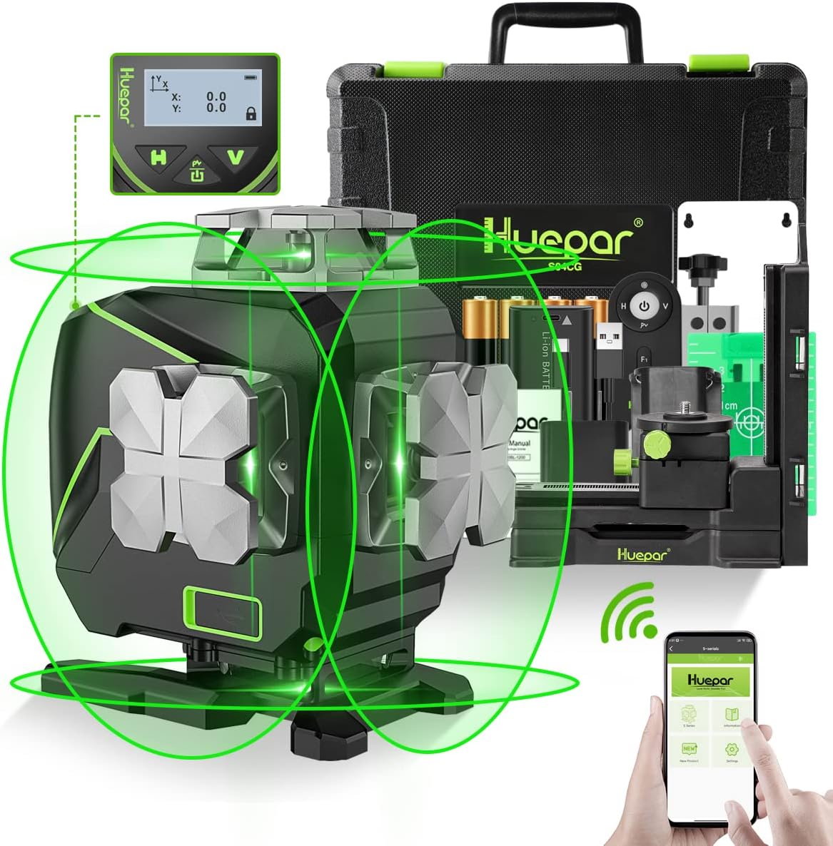 Huepar S04CG niveau laser LCD Bluetooth, vert, croisé, télécommande + mallette