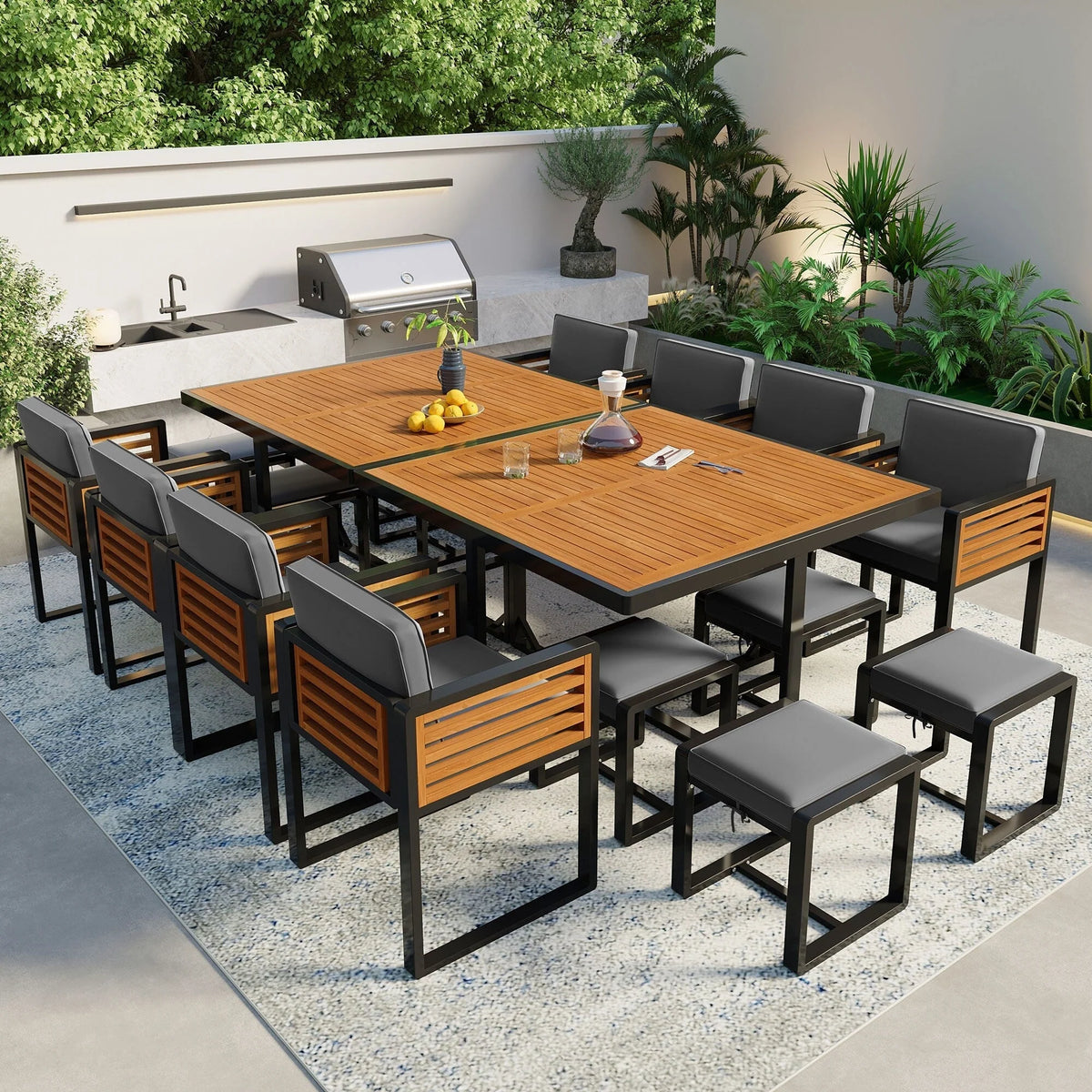 18-Pieces Acacia Wood Patio Dining Set, 8 Cushioned Chairs 8 Ottomans 2 Square Table(Grey)