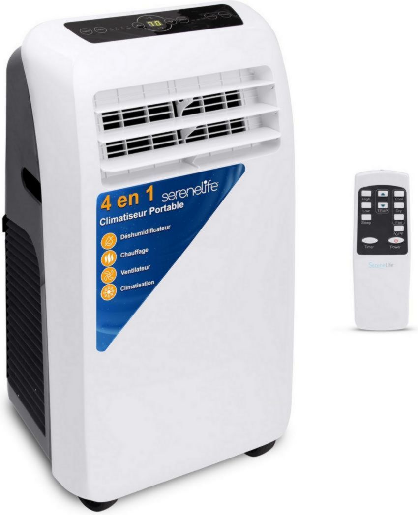 Climatiseur portatif silencieux SereneLife, 9 000 BTU, 3 en 1, avec déshumidificateur intégré, mode ventilateur, télécommande, kit d'extraction complet pour fenêtre, blanc(Blanc./12)