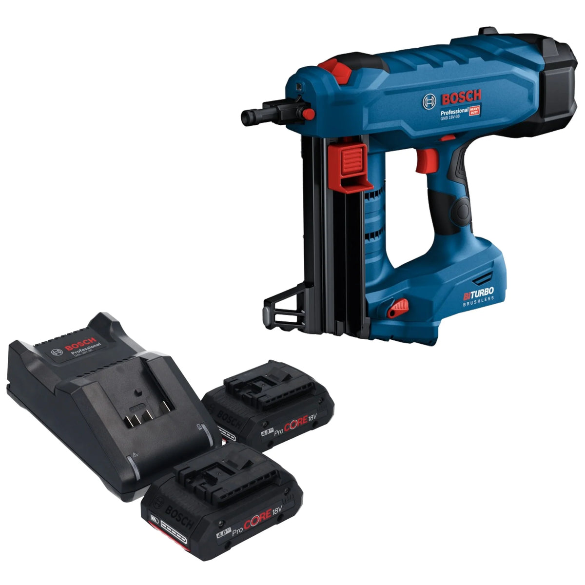 Cloueur à béton sans fil Bosch GNB 18V-38 Professional 18 V 13 - 38 mm BITURBO brushless + 2x batterie ProCORE 4,0 Ah + chargeur(défaut)