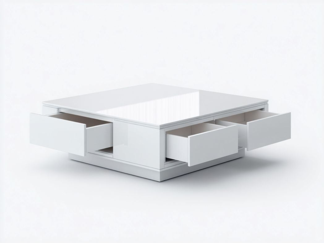 Table basse carrée moderne – blanc laqué avec 3 tiroirs de rangement