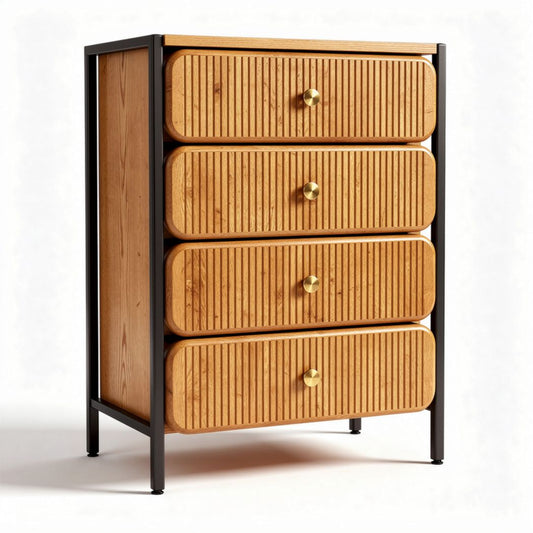 Commode en bois de pin avec quatre tiroirs et structure en métal noir 80 x 40 x 100cm