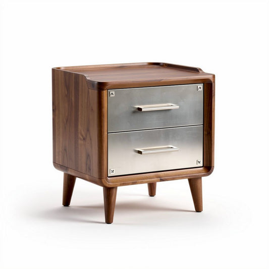 Table de chevet en bois de noyer avec tiroirs en acier inoxydable 40 x 40 x 45cm