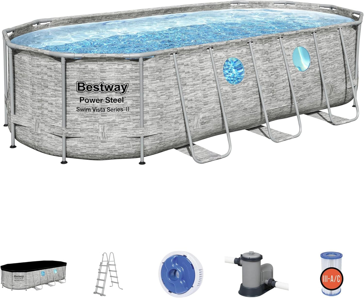 Bestway 56946 Piscine Power Steel™ Swim Vista ovale 488 x 305 x 107 cm motif rotin avec hublots, filtration à sable, échelle, bâche et diffuseur Chemconnect™(5,49 x 2,74 x 1,22 m/Motif pierre grise)