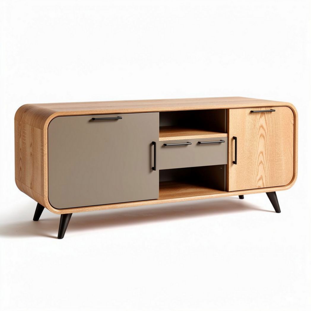 Meuble tv en bois avec portes coulissantes gris et naturel 150 x 50 x 60cm