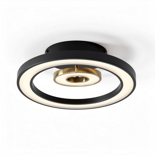 Plafonnier rond en métal noir et or pour salon taille 32 x 32 x 10cm