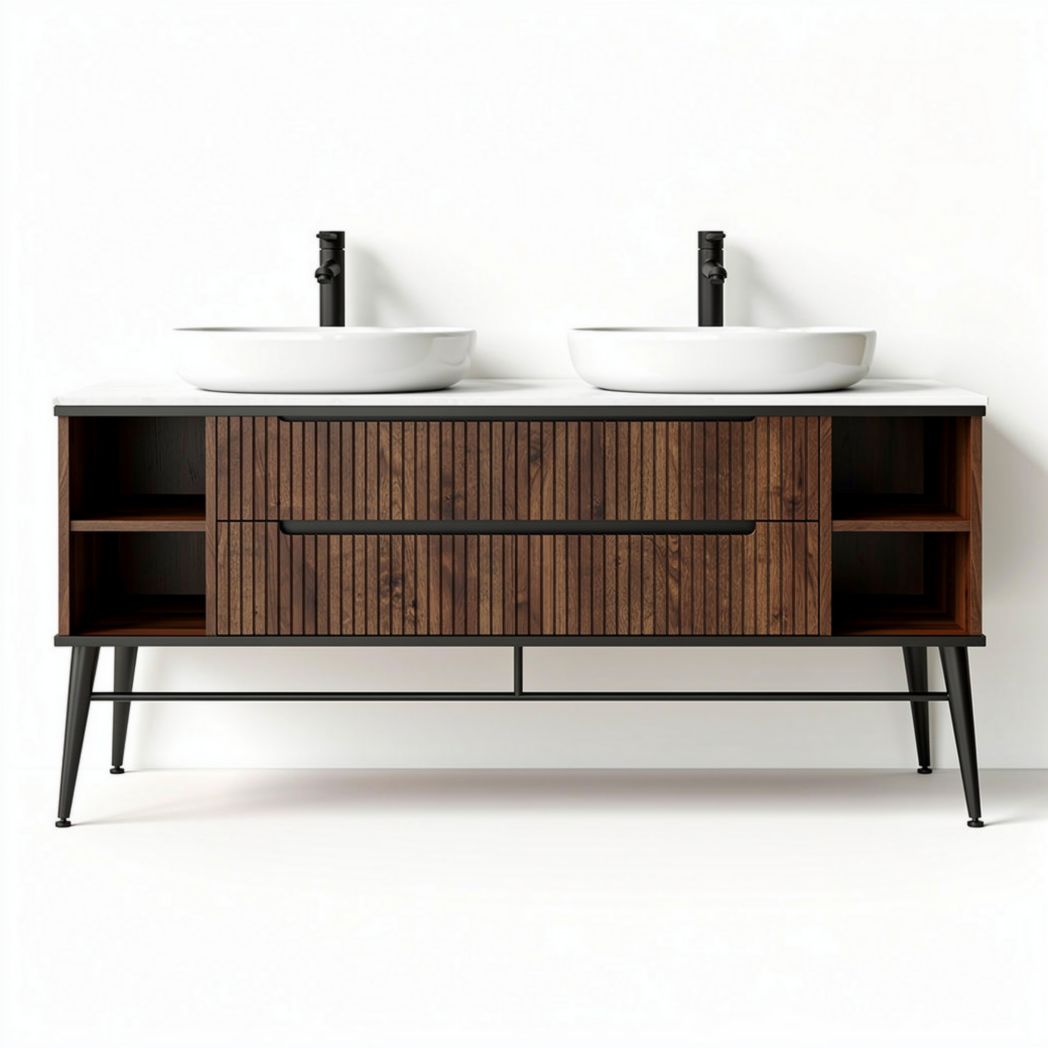 Meuble double vasque en bois et marbre 150 x 50 x 85 cm noir et blanc