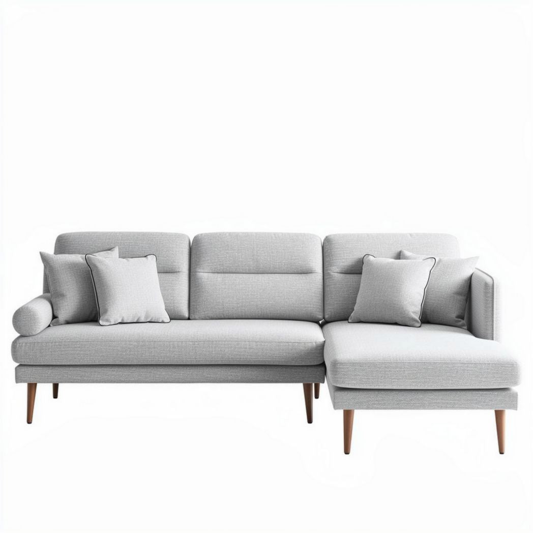Canapé d'angle en tissu gris clair avec coussins et dimensions 210 x 90 x 85cm
