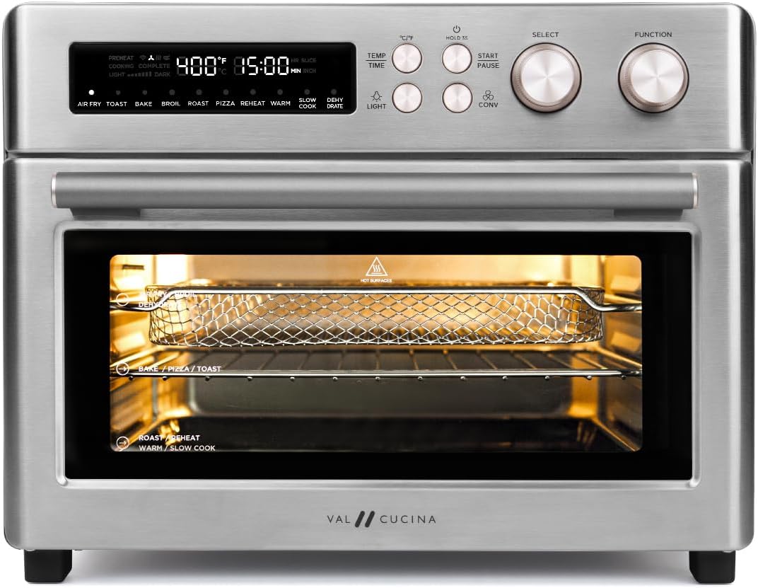 VAL CUCINA Infrared Heating Air Fryer Toaster Oven, Extra Large Countertop Convection Oven 10-in-1 Combo, 6-Slice Toast, Enamel Baking Pan Easy Clean with Recipe Book, Brushed Stainless Steel Finish